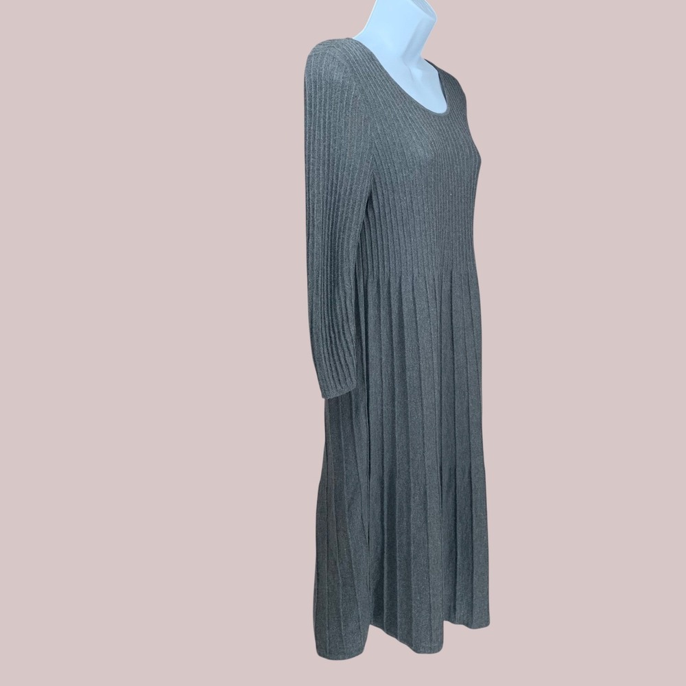 EILEEN‎ FISHER Ribbed Knit Wool Midi Dress Charcoal Gray 3/4 Sleeve Pleated Smal - Picture 3 of 6